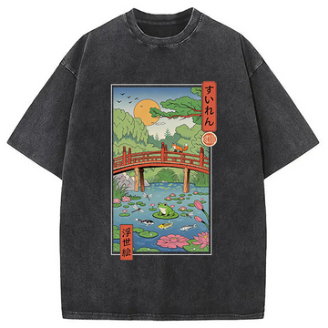 Personality fashion Water Lilies Ukiyo-e Washed T-Shirt