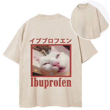 Personality fashion Ibuprofen Meme Cat Back Washed T-Shirt