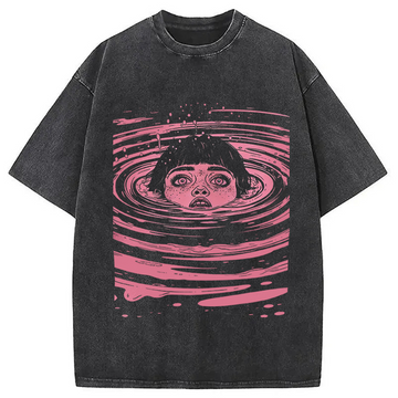 Personality fashion Drowning Girl Spiral Washed T-Shirt