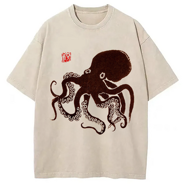 Personality fashion Octopus Japanese Art Washed T-Shirt