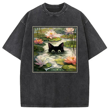 Personality fashion Black Cat and Lotus Flower Washed T-Shirt