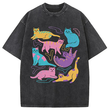 Personality fashion Colourful Cats Washed T-Shirt