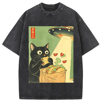 Personality fashion Funny Cat Tacos UFO Japanese Washed T-Shirt