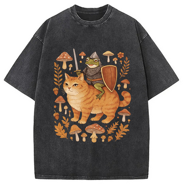 Personality fashion Medieval Frog on Cat Washed T-Shirt