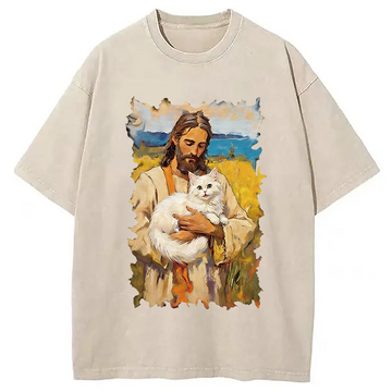 Personality fashion Jesus Holding White Cat Washed T-Shirt