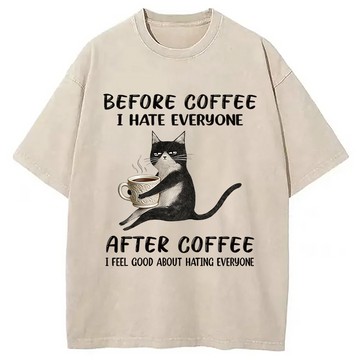 Personality fashion Funny Cat Coffee Washed T-Shirt