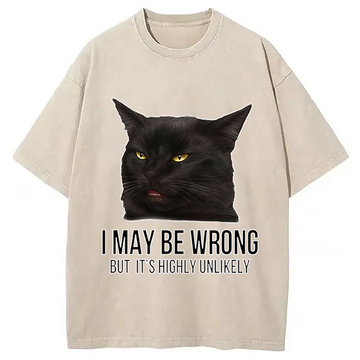 Personality fashion Black Cat Attitude Washed T-Shirt