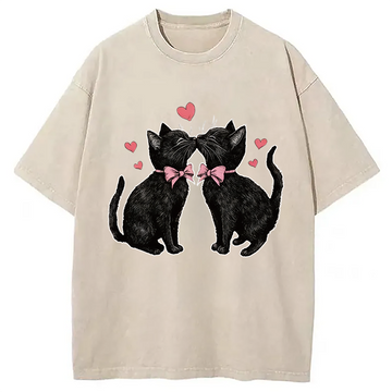 Personality fashion Cute Kissing Cat Washed T-Shirt