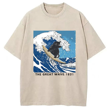 Personality fashion Cat Surfing Funny Washed T-Shirt