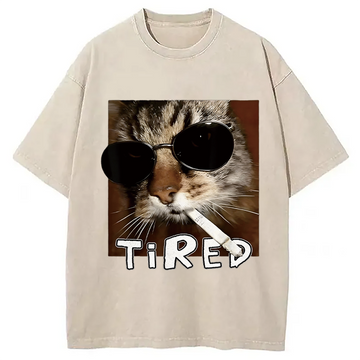Personality fashion Tired Cat Washed T-Shirt