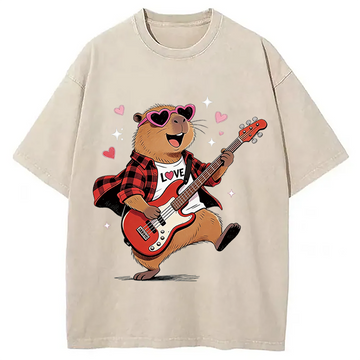 Personality fashion Cute Bear Guitar Valentine Washed T-Shirt