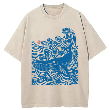 Personality fashion Woodcut Whale Washed T-Shirt
