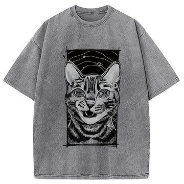 Personality fashion Hypnotic Cat Washed T-Shirt