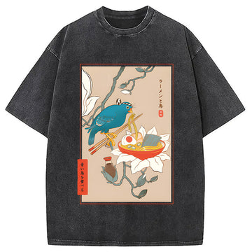 Personality fashion Bird And Ramen Ukiyoe Washed T-Shirt