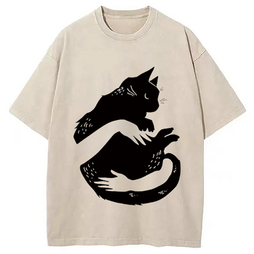 Personality fashion Holding A Black Cat Washed T-Shirt