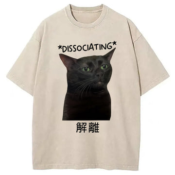 Personality fashion Zoning Out Black Cat Meme Washed T-Shirt