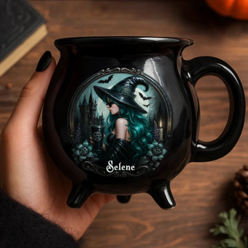 Mystic Witch Vibes - Personalized Halloween Black Ceramic Witch Mug - Halloween Gift For Family, Sisters, Friends, Siblings