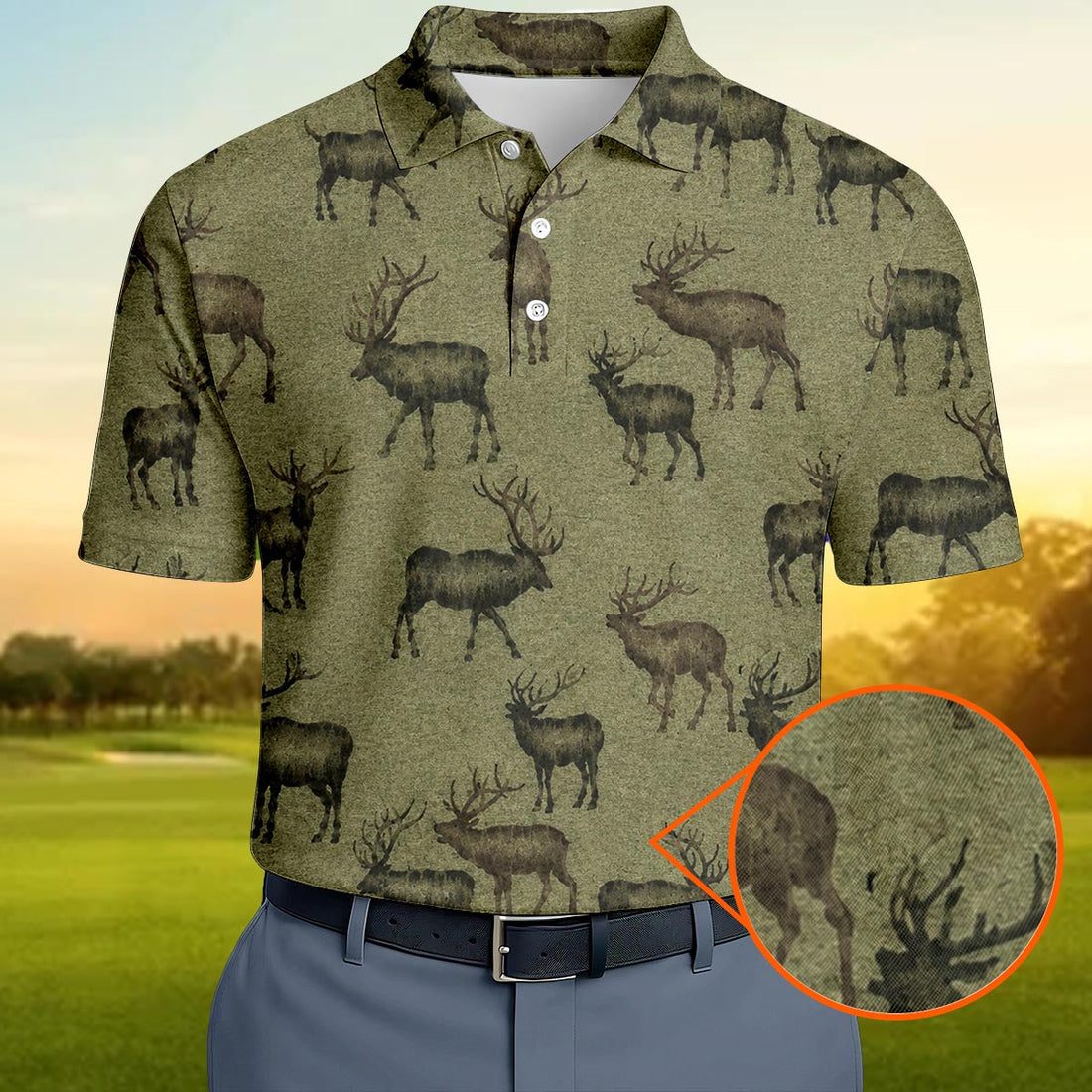 Elk Pattern Polo Shirt Olive Green Hunting Shirt For Men