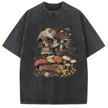 Personality fashion Skull Mushroom Goblincore Washed T-Shirt