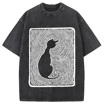 Personality fashion Black 18th Century Cat Art Washed T-Shirt
