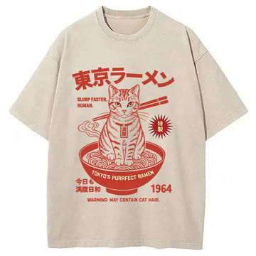 Personality fashion Tokyo Ramen Cat Washed T-Shirt