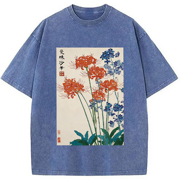Personality fashion Red Spider Lily Bloom Washed T-Shirt
