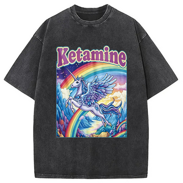 Personality fashion Funny Ketamin Rainbow Unicorn Washed T-Shirt