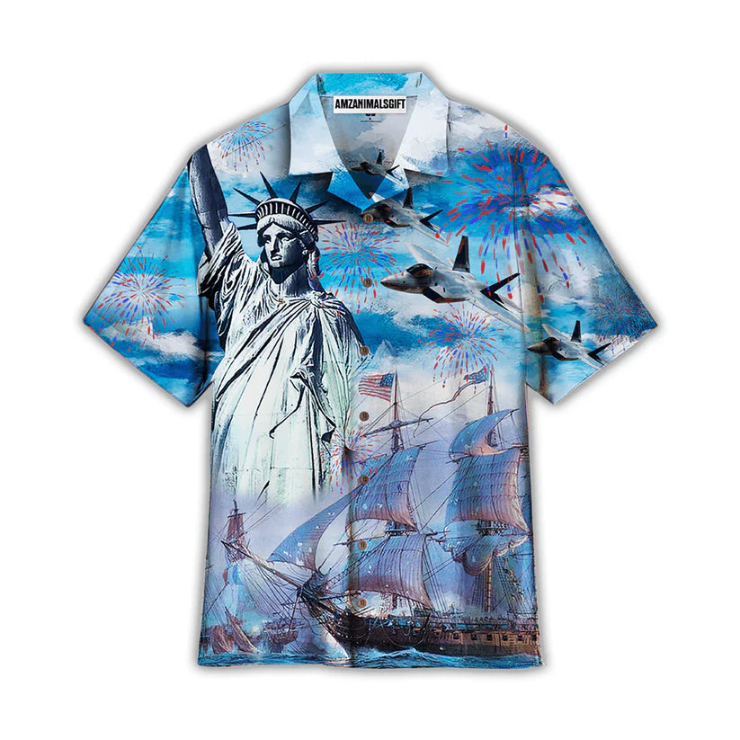 4th July US Independence Day Firework Sailboats And Airplanes Aloha Hawaiian Shirts For Men Women, American Flag Hawaiian Shirt For Summer, Patriot