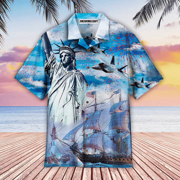 4th July US Independence Day Firework Sailboats And Airplanes Aloha Hawaiian Shirts For Men Women, American Flag Hawaiian Shirt For Summer, Patriot
