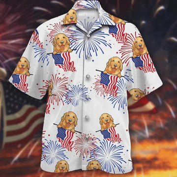 4th Of July Golden Retriever Hawaiian Shirt, Smiley Face Dog Dad Gift, 250th Anniversary America 1776-2026 Patriotic Button Down