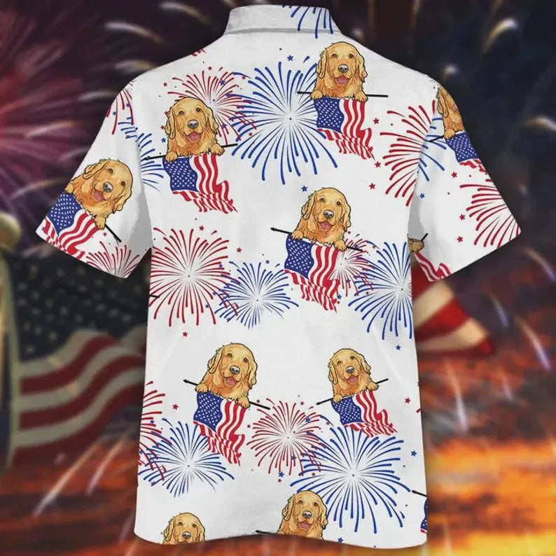 4th Of July Golden Retriever Hawaiian Shirt, Smiley Face Dog Dad Gift, 250th Anniversary America 1776-2026 Patriotic Button Down