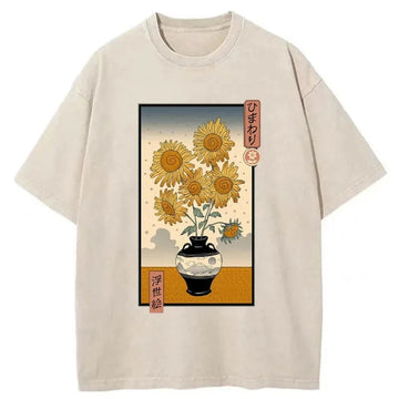 Personality fashion Sunflowers Ukiyo-e Washed T-Shirt