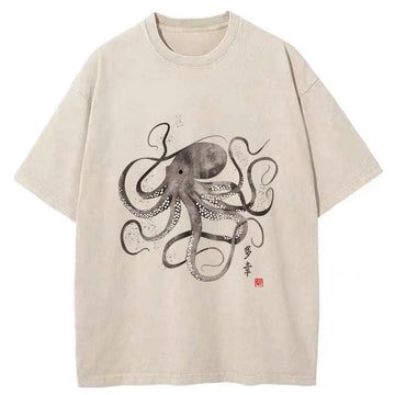 Personality fashion Octopus Japanese Calligraphy Washed T-Shirt