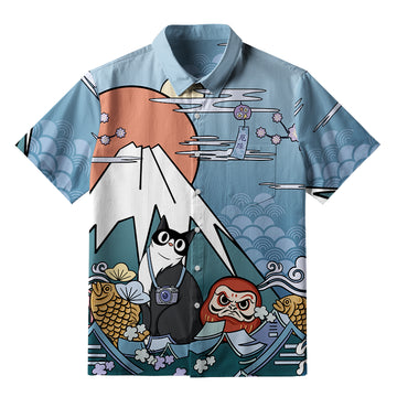 Personality fashion  Mount Fuji Landscape With Cat Button-up Shirt