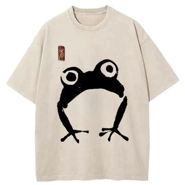 Personality fashion Japanese Woodblock Print Frog Washed T-Shirt