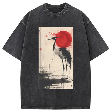 Personality fashion Japanese Crane Washed T-Shirt