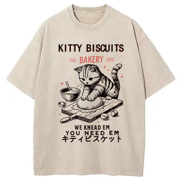 Personality fashion Cat Bakery Washed T-Shirt