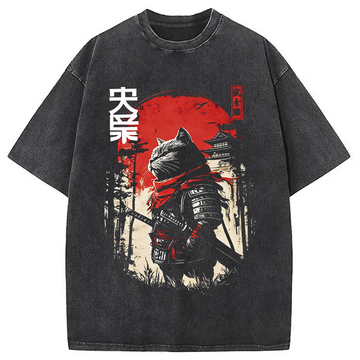 Personality fashion Samurai Cat Washed T-Shirt