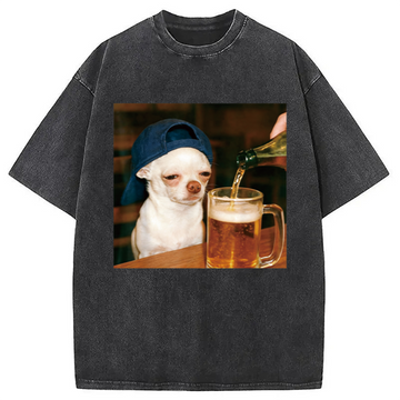 Personality fashion Funny Chihuahua Beer Meme Washed T-Shirt