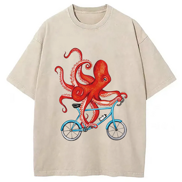 Personality fashion Octopus On A Bicycle Parody Meme Washed T-Shirt