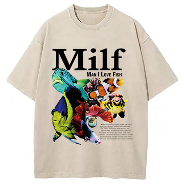 Personality fashion Man I Love Fish Vintage Meme Washed T-Shirt