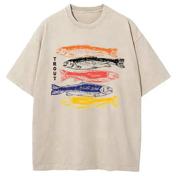 Personality fashion Japanese Trout Fish Washed T-Shirt