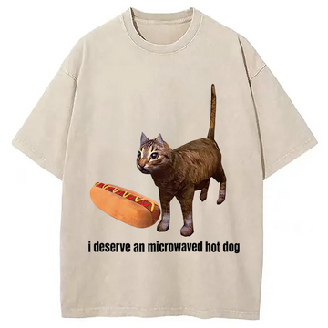 Personality fashion Cat Hotdog Meme Washed T-Shirt