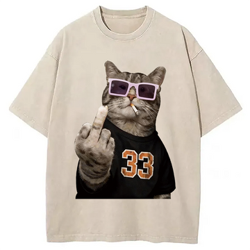 Personality fashion Funny Rebel Cat Washed T-Shirt