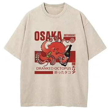 Personality fashion Osaka Cute Octopus Washed T-Shirt