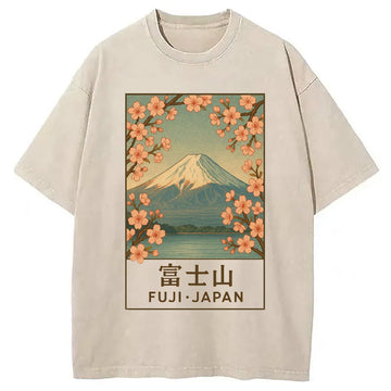 Personality fashion Sakura Fuji Japan Washed T-Shirt