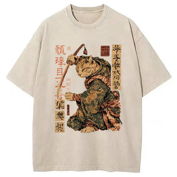 Personality fashion Japanese Katana Warrior Cat Washed T-Shirt