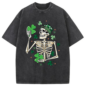 Personality fashion St. Patrick's Skeleton Washed T-Shirt