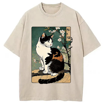 Personality fashion The Cat Under the Sakura Washed T-Shirt