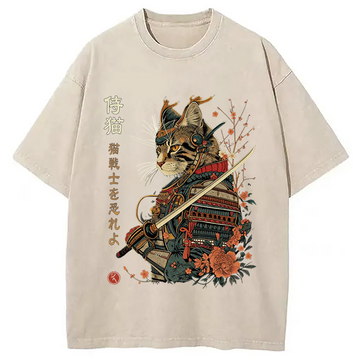 Personality fashion Japanese Samurai Cat Washed T-Shirt